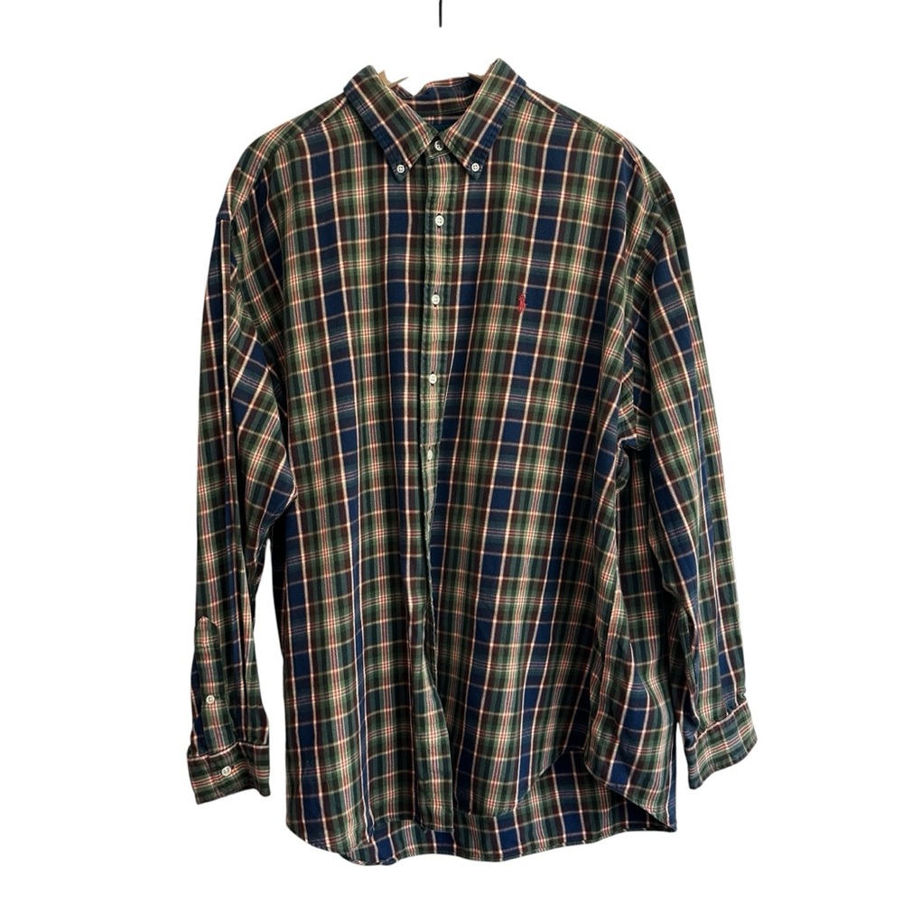 Ralph Lauren Men Shirt XXL Green Brown Blue Blake Plaid Flannel Long Sleeve